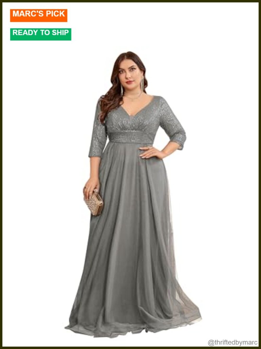 Plus Size Floor Length Formal Evening Gown V-Neck Long Sleeve Lace Prom Dress